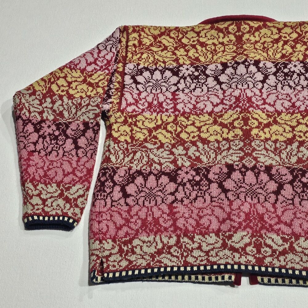 OLEANA Multicolor Floral 100% Pure New Wool Long Sleeve Cardigan Sweater Size L - Picture 9 of 14